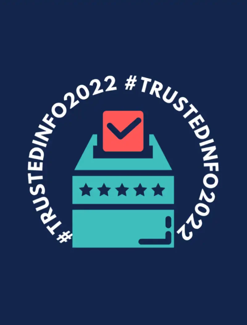 A ballot box with a red ballot featuring a checkmark, surrounded by the hashtag #TRUSTEDINFO2022 in a circular shape on a dark blue background, promotes voter education from the Montana Secretary of State.