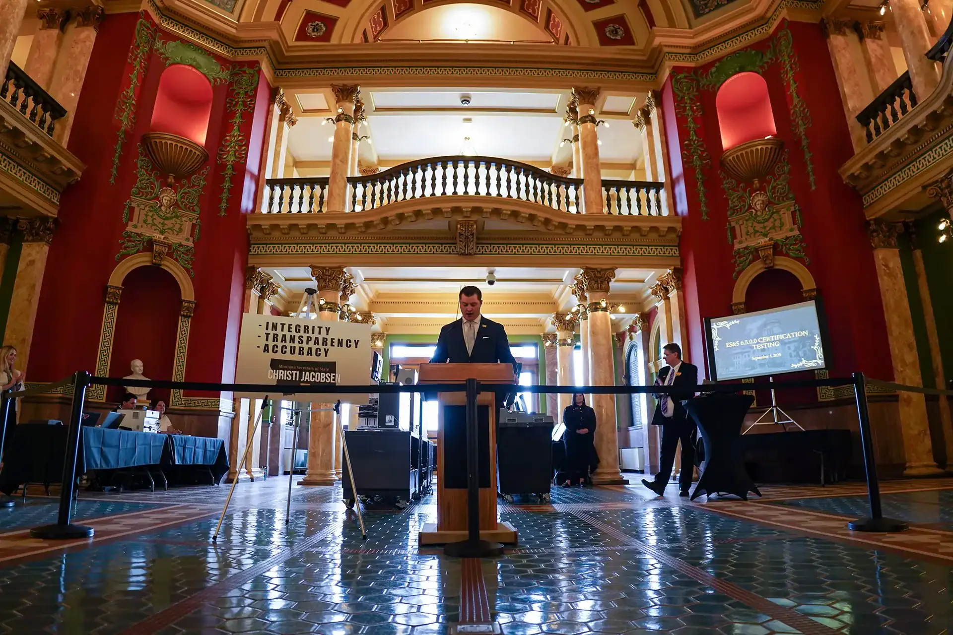 The Montana Election Team independently verified, tested, and certified vote-counting tabulators in the Rotunda of the Montana State Capitol.