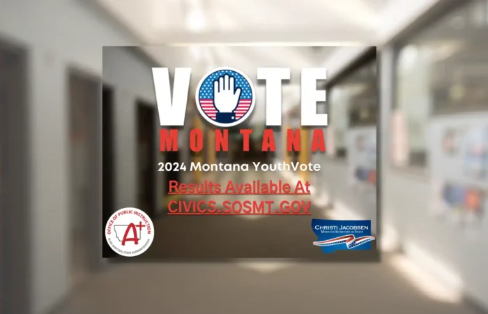 Graphic promoting the 2024 Montana Youth Vote with the word VOTE, a hand in a circle, and text: 2024 Montana YouthVote. Results available at CIVICS.SOSMT.GOV. Featuring logos and Christi Jacobsen. Background shows a blurred hallway.