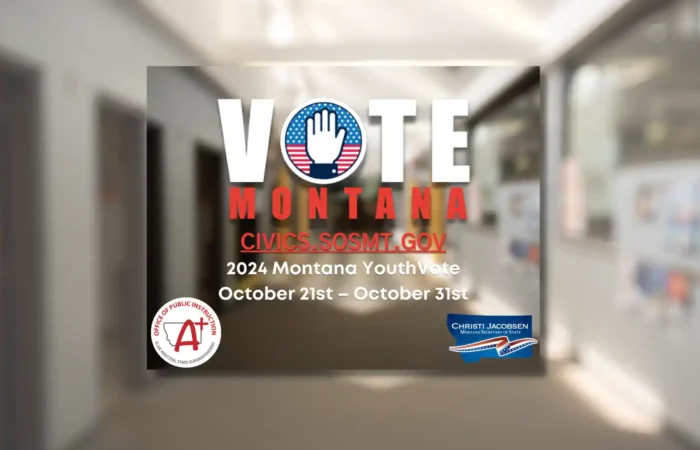 A graphic promoting the 2024 Montana Youth Vote features “VOTE MONTANA” text, a hand in a stars-and-stripes circle, event dates (October 21st–31st), and logos for the Office of Public Instruction, Christi Jacobsen, and Elsie Arntzen.