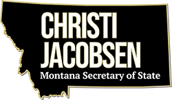 Black silhouette of Montana with white text: Christi Jacobsen and yellow text: Montana Secretary of State.