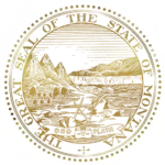 A faded, gold-colored circular seal with a dotted border and the words THE GREAT SEAL OF THE STATE OF MONTANA around the edge. The center is blurred and unclear, representing the office of Christi Jacobsen, Montana Secretary of State.
