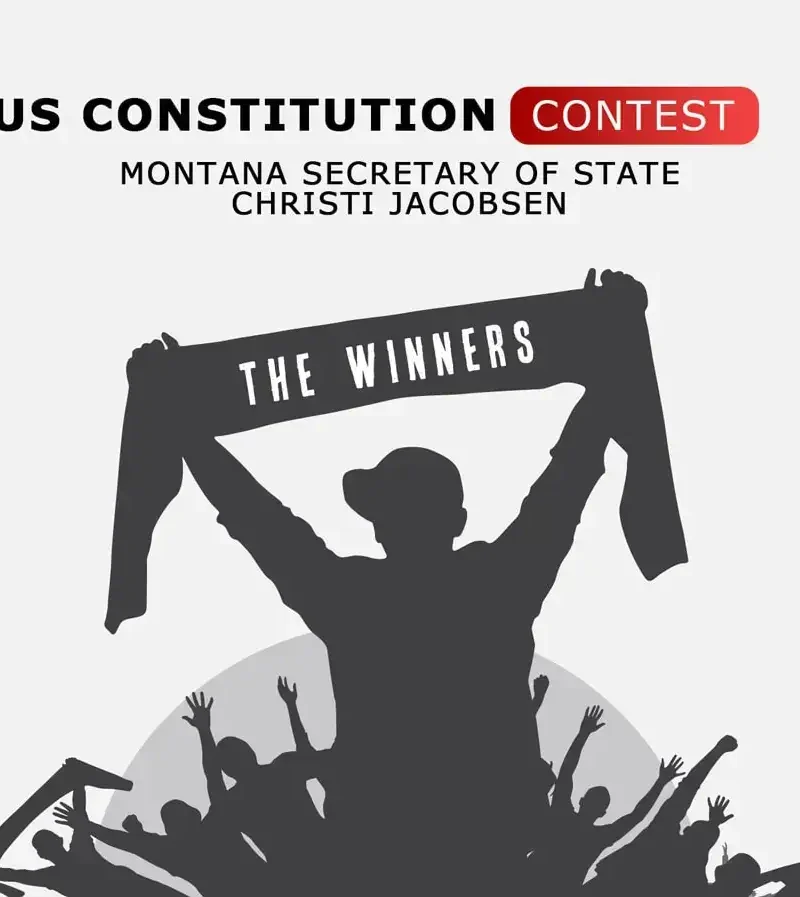 Silhouette of a cheering crowd with a person holding a banner reading THE WINNERS. Text above says 2025 U.S. Constitution Contest Winners, Montana Secretary of State Christi Jacobsen.