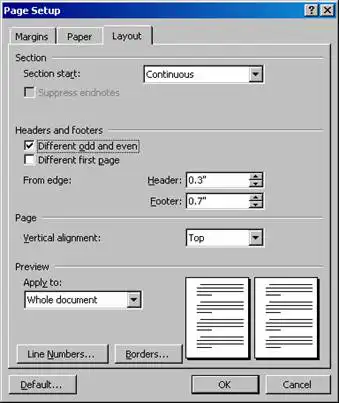 Filing Register Notices Electronically 2 Screenshot of a Page Setup dialog box showing options for margins, section start, headers and footers, page vertical alignment, a preview area, and buttons for line numbers, borders, and default settings.