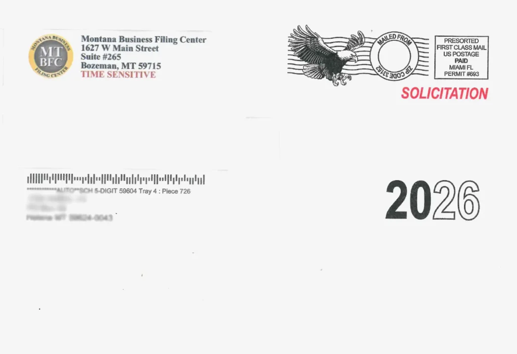 A business envelope from the Montana Secretary of State Filing Center, led by Christi Jacobsen, marked TIME SENSITIVE and SOLICITATION, with a large 2026 and a postage mark featuring an eagle illustration.