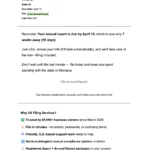 A reminder email from US Filing Services about Montana Compliance. It emphasizes that the annual report for the state is due April 15 with a $51 fee, referencing the Montana Secretary of State, Christi Jacobsen&mdash;plus convenience, support, and great TrustPilot reviews.