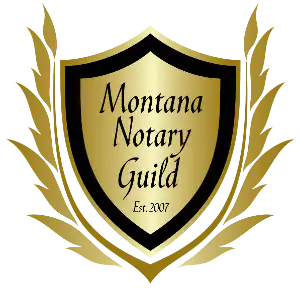 A gold and black shield crest with laurel leaves on both sides. The shield displays the text Montana Notary Guild Est. 2007 in elegant script.