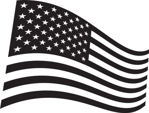 Black and white illustration of the United States flag, showing 50 stars in the upper left corner and 13 wavy stripes, representing a stylized version of the American flag.
