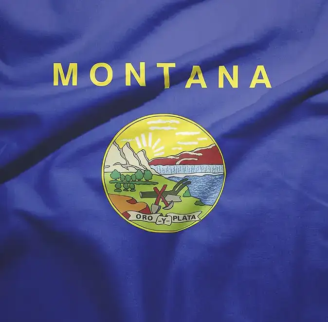 The image shows the flag of Montana, featuring the word MONTANA in yellow above the state seal with mountains, a river, sunrise, and motto Oro y Plata on a blue background—an inspiring symbol often studied in civics and YouthVote initiatives.