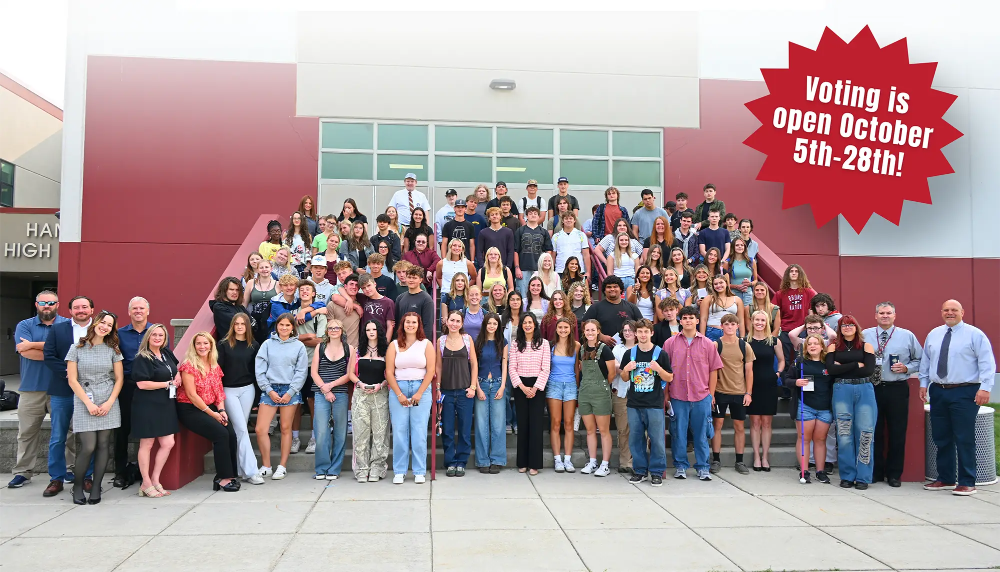 A large group of students and staff pose in front of a school building, highlighting the spirit of Civics engagement. A red starburst graphic reads, Voting is open October 5th-28th!, encouraging everyone to participate in the YouthVote initiative.